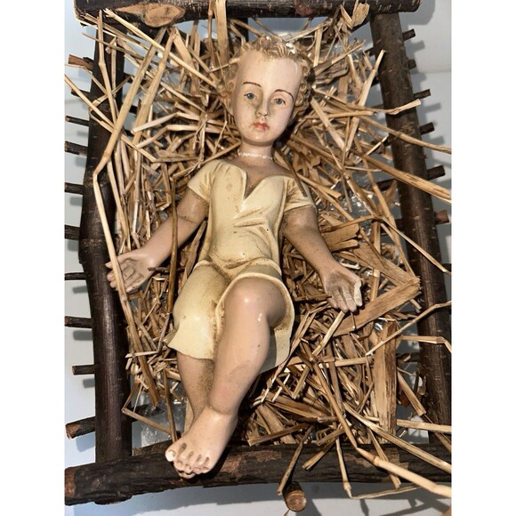 Antique Infant Jesus 1900s Real Wood Manger Nativity Baby Religious Decor - Picture 15 of 16